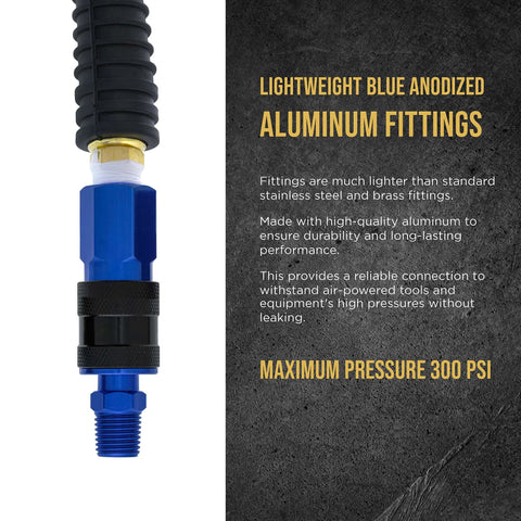 Close-up of 12 Piece Industrial IM Type Plug Air Fittings Set With One Quarter Inch NPT Male Threads, blue anodized finish.