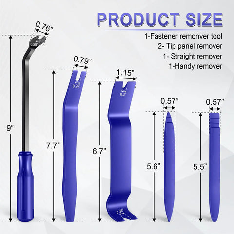 5 Piece Auto Trim Removal Tool Kit From LivTee For Interior Dash Panels Door Panels And Clips No Scratch Plastic Pry Tools Blue Color For Vehicle Audio Dash Installers with tool measurements displayed