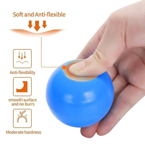 Hand squeezing a blue ball with softness diagram, part of Ball Pit Balls - Colorful Ocean Pool Toys for Kids, Phthalate & BPA Free, 100pcs