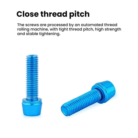 Close-up of two blue titanium bolts with hex heads showing thread pitch for stability, similar to SUKOUSRAM M5*18mm bicycle stem bolts.