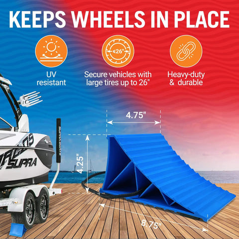 Heavy Duty Boat Trailer And RV Wheel Chocks 2 Pack With Rope And Rubber Pads For Travel Trailers And Fifth Wheel RVs To Stop Wheels From Rolling And Make Leveling A Breeze, shown secure on a dock next to a boat.