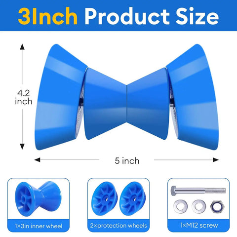 Three Inch Boat Trailer Bow Stop Roller With One Half Inch Shaft Blue Non Marking Non Scratch Bow Roller For Boat Trailers Built Tough And Durable To Keep Your Boat Safe During Launch Docking And Towing in packaging with dimensions and components displayed