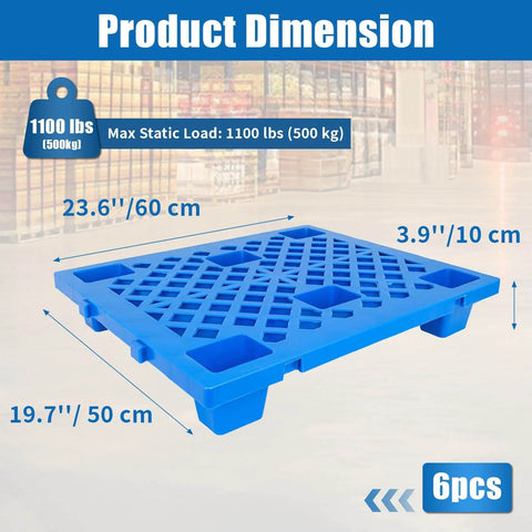 Lightweight Plastic Pallet 23.6 In By 19.7 In By 3.9 In Waterproof Floor Pallet With Breathable Grid For Indoor Outdoor Use Built For Warehouses Garages Kitchens Basements 6 Pack 1100 Lb Load Capacity Blue