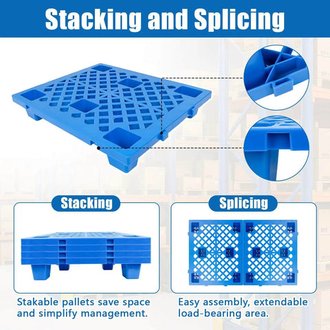 Lightweight Plastic Pallet 23.6 In By 19.7 In By 3.9 In Waterproof Floor Pallet With Breathable Grid For Indoor Outdoor Use Built For Warehouses Garages Kitchens Basements 6 Pack 1100 Lb Load Capacity Blue with stacking and splicing features.