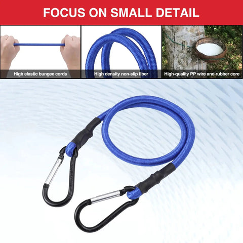 24 Inch Bungee Cords With Hooks 4 Pack, Heavy Duty Rubber Core, Elastic Straps, Double Aluminum Alloy Hooks, Blue, Outdoor Use