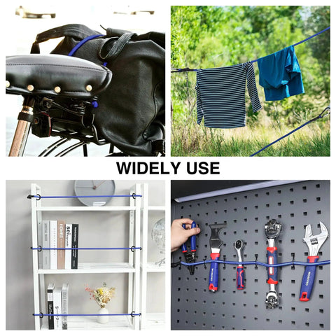 24 Inch Bungee Cords With Hooks 4 Pack securing bike, clothesline, bookshelf, and tools in various outdoor and indoor settings