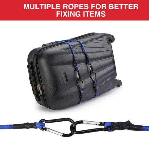 24 Inch Bungee Cords With Hooks 4 Pack securing luggage, featuring double aluminum alloy hooks, ideal for camping and transport, blue color.