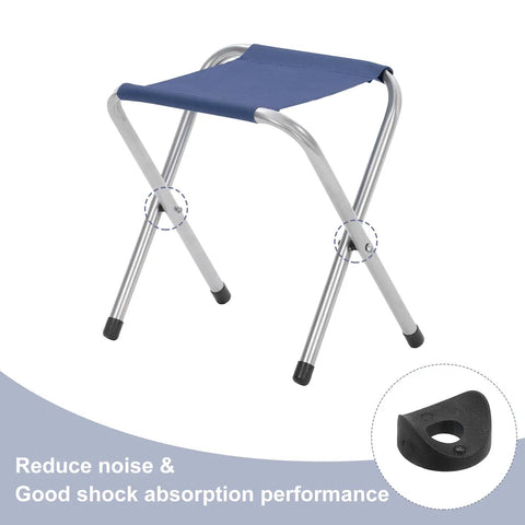 Foldable stool with blue fabric seat and silver legs, featuring noise-reducing and shock-absorbing foot caps.