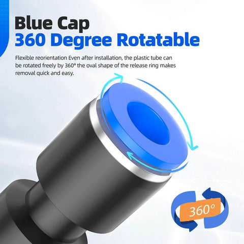 DIY Friendly Pro Grade 50 Piece Quick Connect Air Hose Fittings Kit In Five Diameters 5/32 1/4 5/16 3/8 1/2 Inch showing blue cap 360-degree rotation feature.