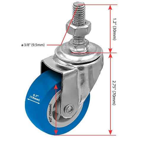 2 Inch Blue Caster Wheel With Three Eighths Inch To One Point Two Inch Threaded Stem Mount Polyurethane Non Marking Silent 360 Degree Swivel 65 Lb Capacity Per Wheel Pack Of 4 Ideal Replacement For Carts Trolleys And Equipment