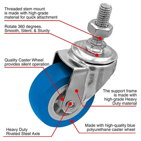2 Inch Blue Caster Wheel With Three Eighths Inch To One Point Two Inch Threaded Stem Mount Polyurethane Non Marking Silent 360 Degree Swivel 65 Lb Capacity Per Wheel Pack Of 4 Ideal Replacement For Carts Trolleys And Equipment with labeled parts and features