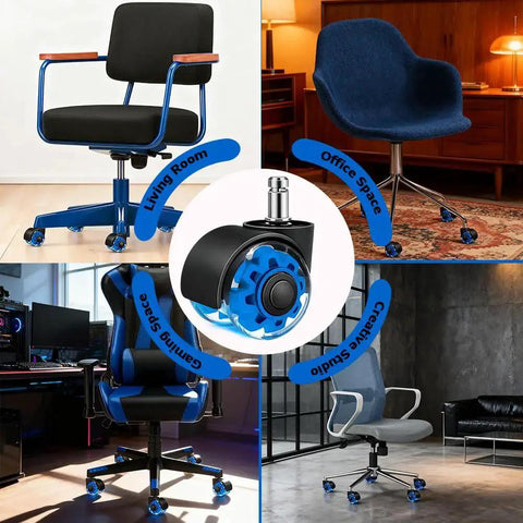 Heavy Duty 2 Inch Rubber Chair Casters Set Of 5 With Clear Polyurethane Wheels installed on different chair types in various settings.