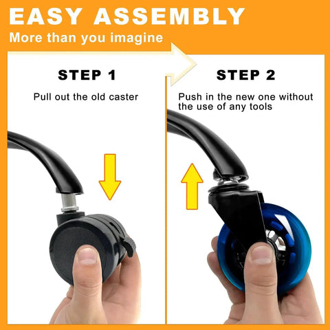 Installation steps for Office Chair Wheels Replacement Set Of Five 3 Inch Soft Non Marking Polyurethane Casters For All Floors Including Hardwood And Carpet Delivers Smooth Quiet Glide For Desk Chairs Blue