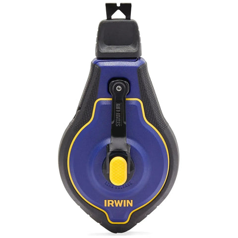 Front view of Speedline Pro Chalk Line Reel with 100 ft hi-tensile line, durable blue housing, for framing, drywall, and carpentry.