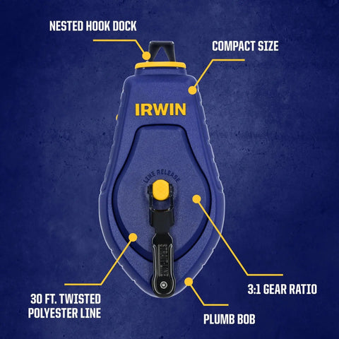 Compact chalk reel delivers fast, precise chalk lines for carpenters and painters, featuring a 3:1 gear ratio, blue chalk included.