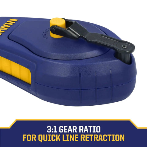 Close-up of a compact chalk reel with blue casing, featuring a 3:1 gear ratio for quick line retraction