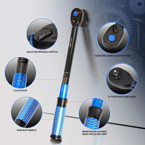 UPGRADE 1/2" Drive Click Torque Wrench, 10-180 ft.lb, blue, with 72-tooth click head, non-slip handle, and dual-direction features