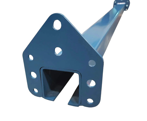 Blue Enclosed Conveyor Track With Pre Welded Yokes 6 Foot Trolley Rail, close-up showing mounting end with bolt holes