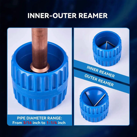 All In One Copper Pipe Cutter Kit For Tubing From Three Sixteenth To Two Inch With A Mini Cutter From One Eighth To One And One Eighth Inch Includes Deburring Tool Reamer Needle File Set Car Battery Cleaning Brush For Automotive HVAC Plumbing Wisscool showing blue reamer tool.