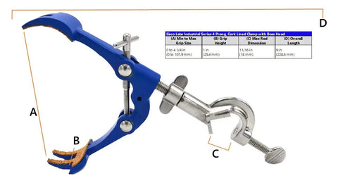 4 Prong Cork Lined Clamp on Swivel Bosshead for Laboratory Rigs, fits up to 18 mm rods, shown with measurements and blue finish