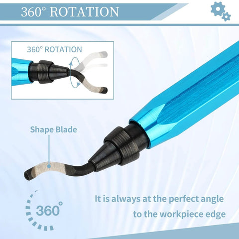 Close-up of Deburring Tool With 12 High Speed Steel Blades Blue Handle showing 360° rotation feature