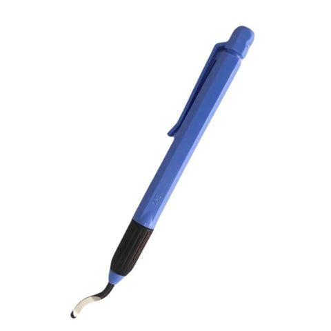 Precise Deburring Tool Pen Style for Efficient Burr Removal and Surface Smoothing in Metal and Other Materials, ergonomic blue handle.