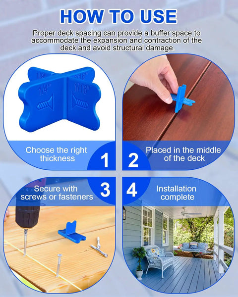 Blue Deck Spacer Set For Uniform Gaps Between Deck Boards With Four Thicknesses One Sixteenth Inch One Eighth Inch Three Sixteenths Inch And One Quarter Inch For Composite Or Pressure Treated Lumber Combatch shown in use.