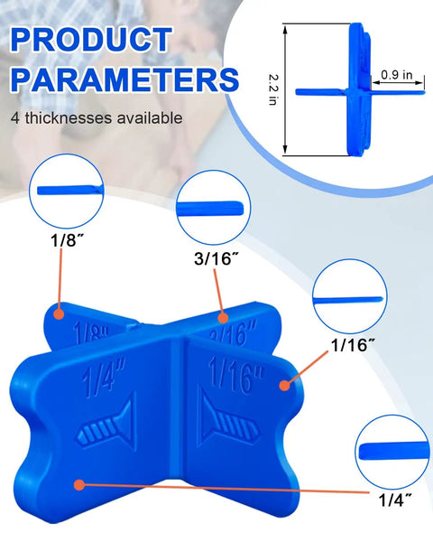 Blue Deck Spacer Set For Uniform Gaps Between Deck Boards With Four Thicknesses One Sixteenth Inch One Eighth Inch Three Sixteenths Inch And One Quarter Inch For Composite Or Pressure Treated Lumber Combatch, showing sizes and blue ABS plastic