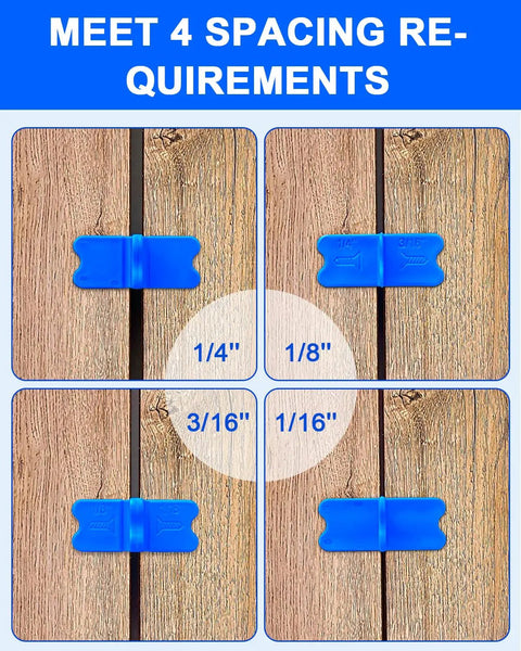 Blue Deck Spacer Set For Uniform Gaps Between Deck Boards With Four Thicknesses One Sixteenth Inch One Eighth Inch Three Sixteenths Inch And One Quarter Inch For Composite Or Pressure Treated Lumber Combatch, showing spacers in use for 1/4", 1/8", 3/16", and 1/16" gaps between boards.