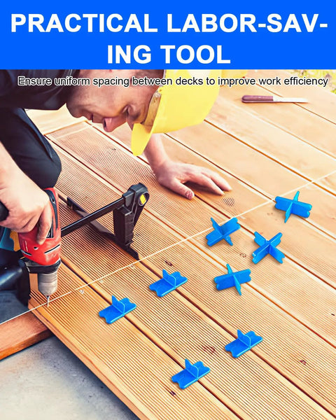 Blue Deck Spacer Set for Uniform Gaps Between Deck Boards With Four Thicknesses being used on wooden decking with a drill in view.