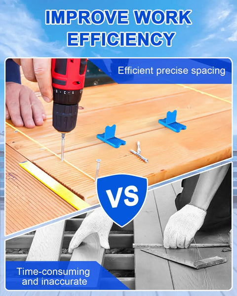 Person using a drill with Blue Deck Spacer Set for Uniform Gaps Between Deck Boards with Four Thicknesses on wooden deck.