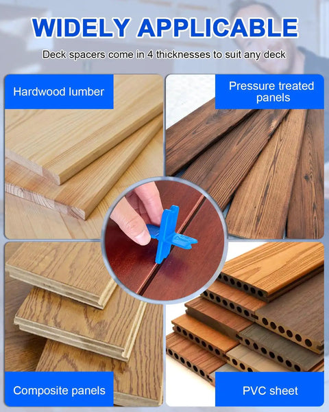 Blue Deck Spacer Set For Uniform Gaps Between Deck Boards With Four Thicknesses One Sixteenth Inch One Eighth Inch Three Sixteenths Inch And One Quarter Inch For Composite Or Pressure Treated Lumber Combatch shown with various lumber types.