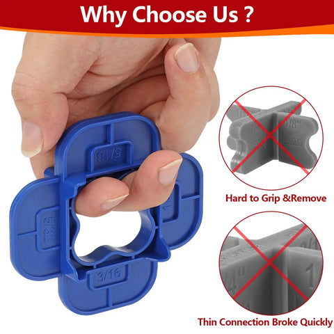 Hand holding blue Six Pack 4 In 1 Deck Spacers Tool with four size options for Five Thirty Second Inch, Three Sixteenth Inch, One Quarter Inch, and Five Sixteenth Inch, easy to use for composite, PVC, hardwood, and pressure-treated decking.