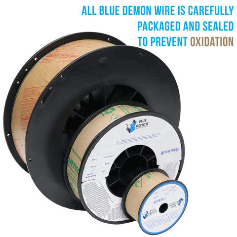 All Position MIG Wire ER70S6 0.030 Dia in Blue Demon spools for carbon steel, highlighting careful packaging to prevent oxidation.