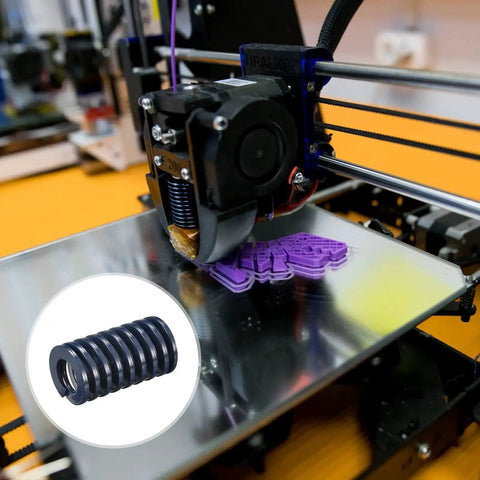 3D printer with inset image of Four Piece 25mm Outer Diameter 45mm Free Length Die Spring Set For 3D Printers Blue Light Load Steel.