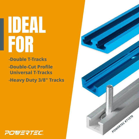 Blue double-cut profile universal T-tracks with a visible T-bolt, ideal for heavy-duty woodworking applications by POWERTEC.