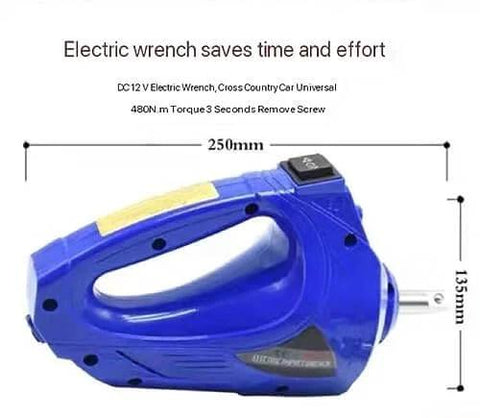 Blue electric wrench, 250mm length, 135mm height, designed for cross country car use.