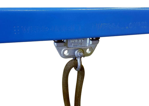 Blue Enclosed Conveyor Track With Pre Welded Yokes 6 Foot Trolley Rail for light to medium duty, close-up view
