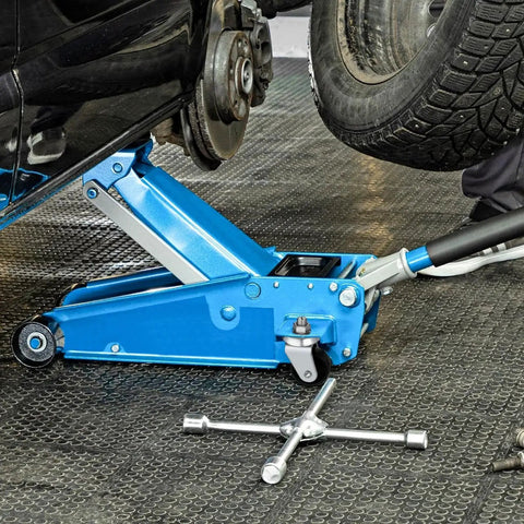2 Pcs Floor Jack Casters For 4 Ton Floor Jack With Cast Iron Construction And 16mm Stem shown lifting a vehicle in a garage