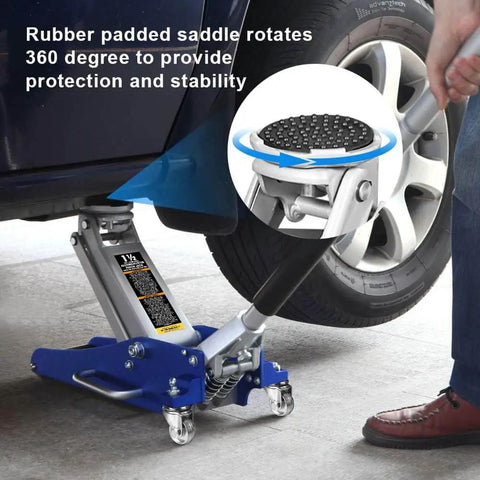 Low Profile 1.5 Ton Aluminum And Steel Floor Jack With Dual Piston Quick Lift Pump For Cars Lightweight Blue Racing Hydraulic Floor Jack With Side Handle By Big Red lifting a car