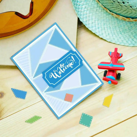 Greeting card with dope triangle and rectangle background cutting dies set for DIY scrapbooking card making with grid etched frames.