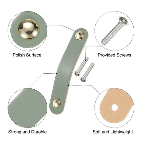 Leather Drawer Pulls Set 6 Pack With Double Hole Design And Screws Included Blue And Gold 96mm Hole Spacing, close-up detail.
