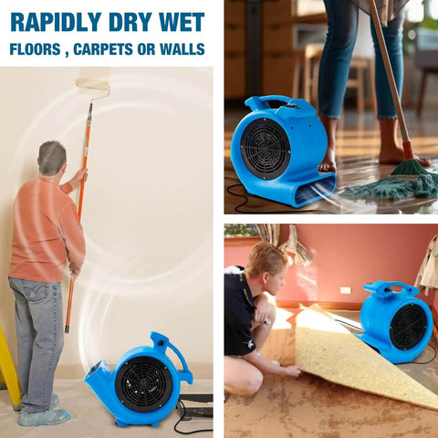 Powerful Half Horsepower Air Mover For Fast Carpet Drying And Floor Drying With 2200 CFM Air Flow Lightweight Design For Home Garage And Job Site Use Two Speed Settings By Mounto, shown in use on wet floors and carpets.