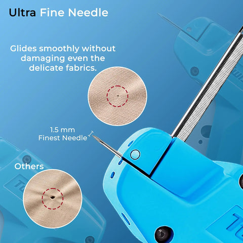 Close-up of blue Stitch Gun For Clothes Quick Fix Tool Not A Sewing Machine Handheld Tag Gun with 5mm needle for fabrics.