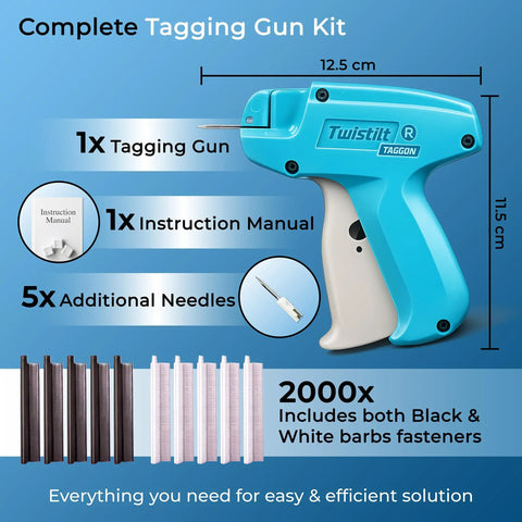 Stitch Gun For Clothes Quick Fix Tool Not A Sewing Machine Handheld Tag Gun For Easy Clothing Repairs With 5mm Needle For Nearly Invisible Stitches Includes 6 Replacement Needles And 2000 Fasteners Blue showing tagging gun, instruction manual, needles, fasteners.