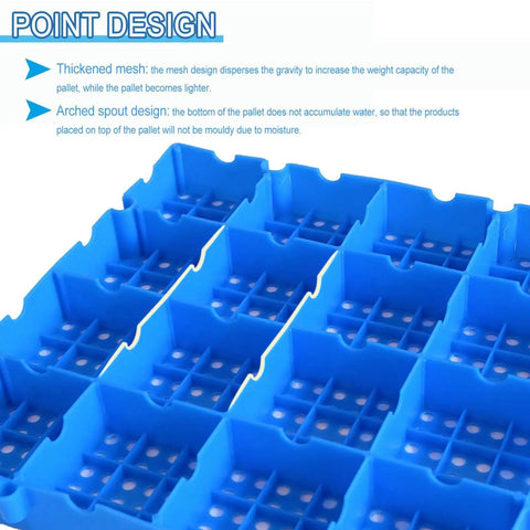 Close-up of blue HDPE pallet showing the 2 Pack Plastic Pallets With 0.3 Inch Round Holes And Breathable HDPE Grids For Garage Basement And Market Floors Lightweight Waterproof Storage Racks Nestable Non Slip Surface Square Support For Easy Mobility And Heavy Load Capacity, featuring thickened mesh and arched spout design.