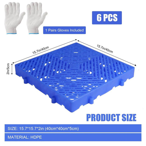 Six Piece Pack Of Plastic Pallets For Basement Storage Waterproof 50 By 50 Cm Ventilated Grid Mat with gloves shown