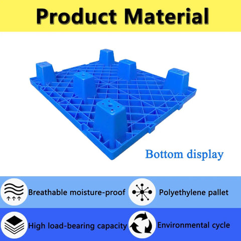 Bottom view of blue six pack plastic pallets with interlocking grids, lightweight waterproof floor storage pads