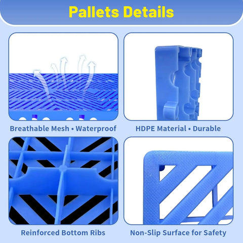 Close-up views of Nestable Plastic Pallets For Basement And Warehouse Storage Ten Pack 23.6x11.8x1.18 Inches Blue HDPE Moisture Proof Durable