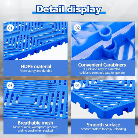 Blue 2 Pack Plastic Pallets With Breathable Grid Ventilation For Easy Storage In Supermarkets, Warehouses, Garages, And Basements Lightweight Waterproof And Wear Resistant 23.6 X 11.8 X 1.2 Inches features with HDPE material, carabiners, breathable mesh, and smooth surface details.